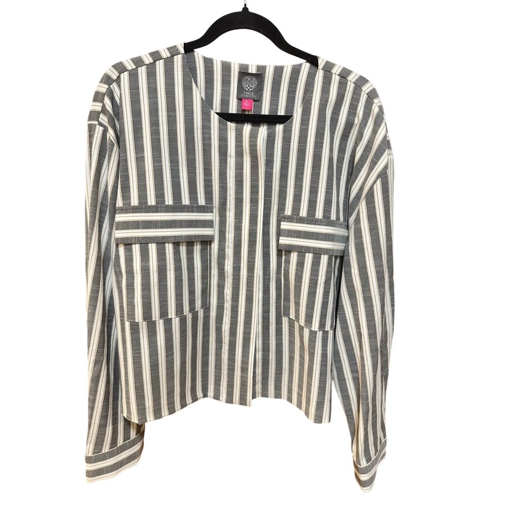 Vince Camuto Womens XL Striped Collarless Blazer Grey Tan Utility Pocket Jacket